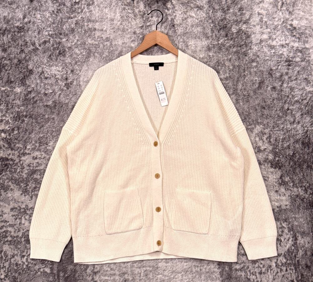 New J Crew Cotton Cashmere Cardigan Large Womens Ivory Cream Chunky Knit Sweater - Picture 1 of 9